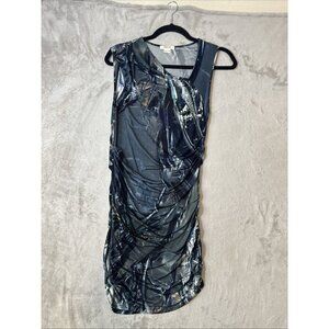 Helmut Lang Draped Sleeveless Dress Abstract Print Blue Gray Made in USA M